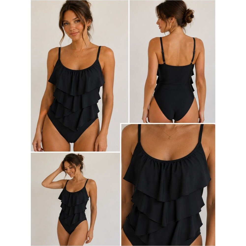 Simon Chang Black Ruffle One-Piece Swimsuit – Size 10